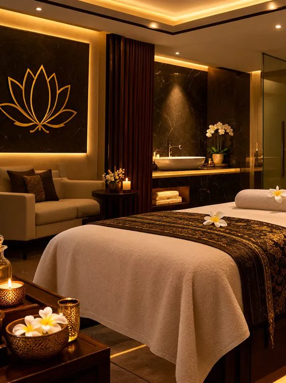 A treatment table with a rolled towel and oils, under a gold lotus panel
