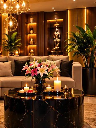 The Jayanagar studio lounge: a sofa, a marble table with lilies and candles, and a lit statue niche
