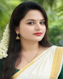 Divya in a cream and gold saree with palm leaves behind her