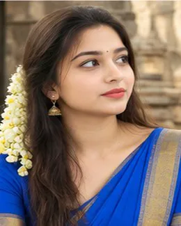 Shruti in a blue saree, jasmine in her hair, turning to her left
