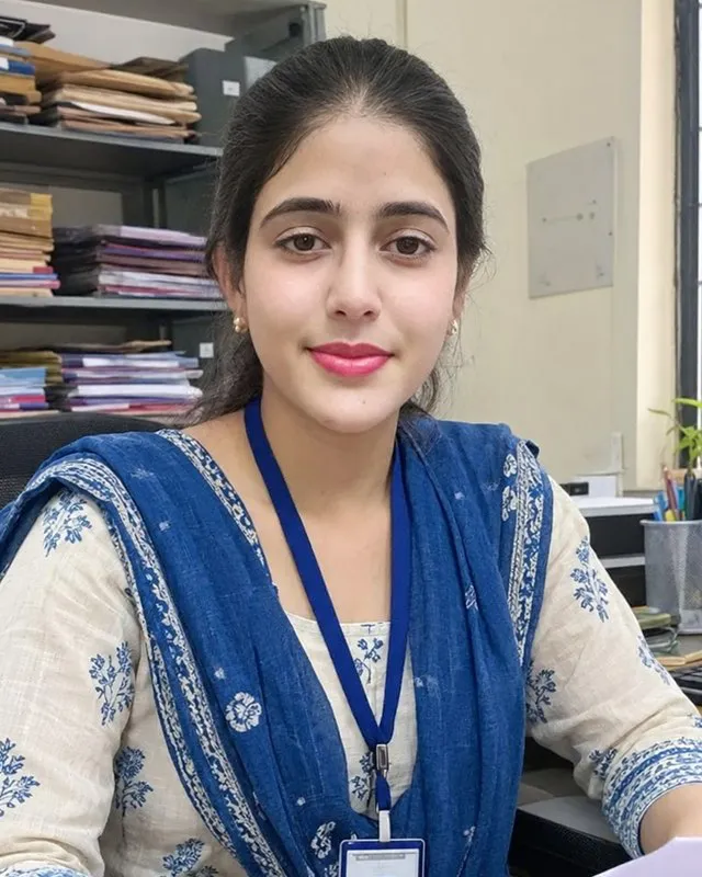 Swathi in a blue and white kurta at her desk, an ID card on a lanyard