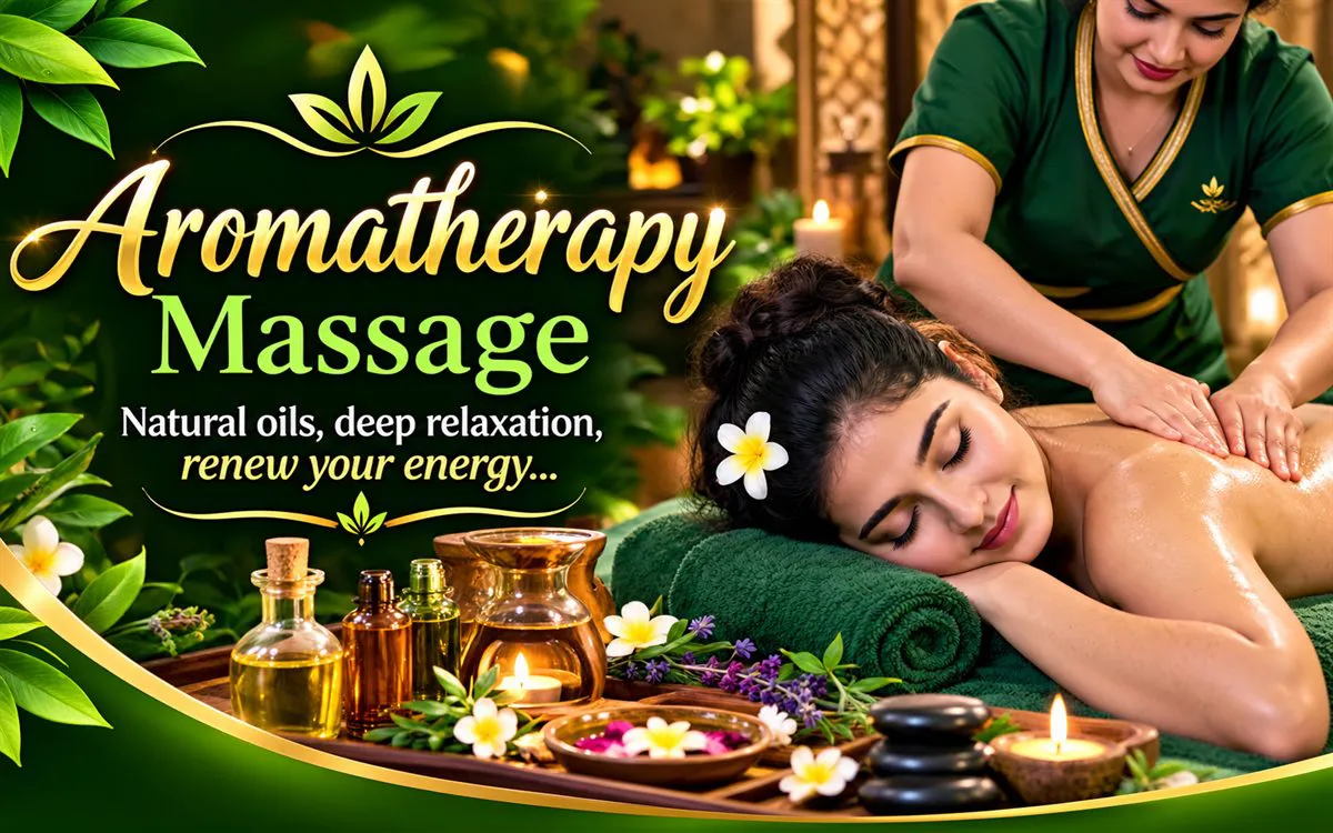 Warm aromatic oil smoothed over a sleeping guest's shoulders, amber bottles and tea lights lined up in front