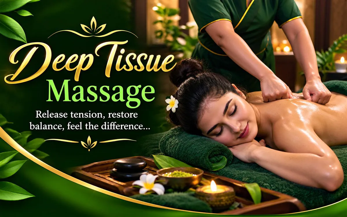 Slow palm pressure worked into the upper back of a guest resting on a green towel, black stones on the tray beside her