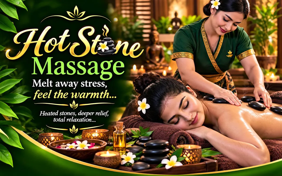 A line of smooth black basalt stones laid down a guest's spine while the therapist warms the next one