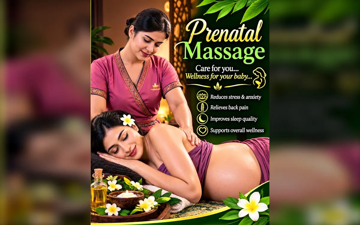 An expecting mother lying on her side on soft cushions while a therapist in pink eases her lower back