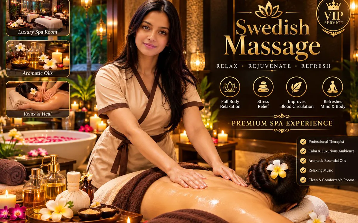 Therapist in a beige wrap uniform giving long gliding strokes down a guest's back, a rose-petal bath glowing behind