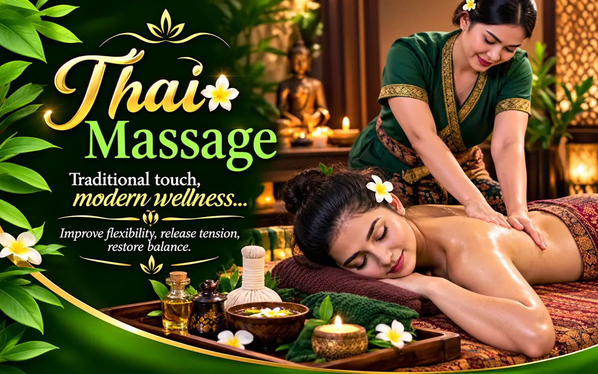 Therapist leaning her weight through her palms along a guest's back, a stone Buddha behind them